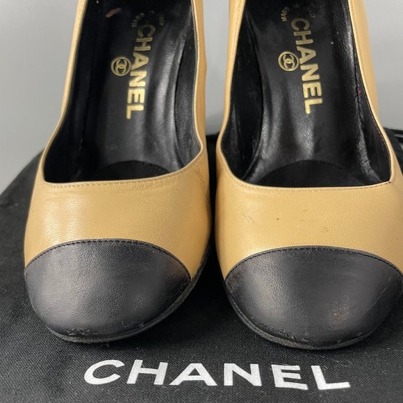 Authentic Chanel Tan and Black Cap-Toe Pumps,  Size 36 - Picture 5 of 12
